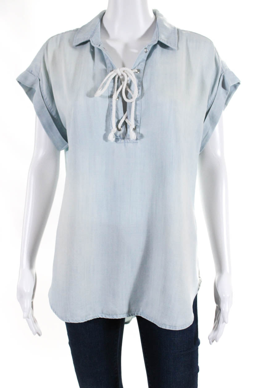 Bella Dahl Womens Blue Chambray Lace Up Short Sleeve Blouse Top