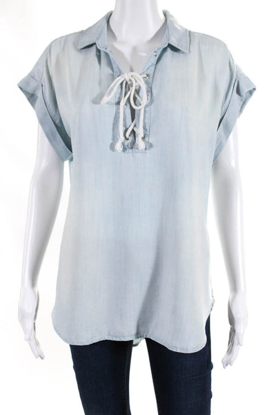 Bella Dahl Womens Blue Chambray Lace Up Short Sleeve Blouse Top Size M