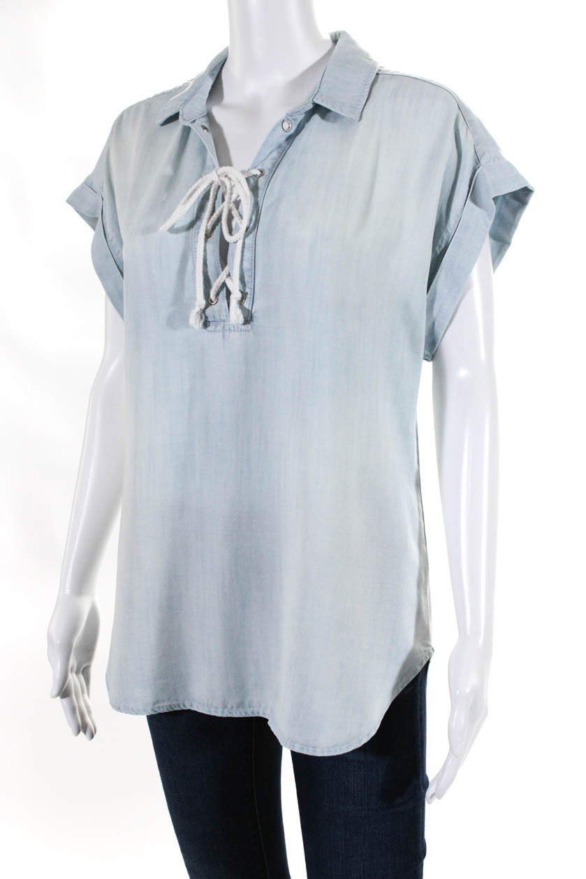 Bella Dahl Womens Blue Chambray Lace Up Short Sleeve Blouse Top