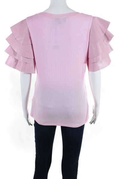 Gracia Women's Ruffle Short Sleeve Crew Neck Blouse Pink Size M