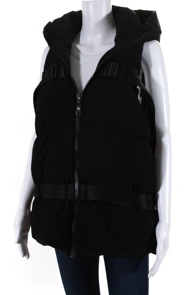 C2H4 Women's Cotton Sleeveless Zip Up Hooded Vest Black Size 40