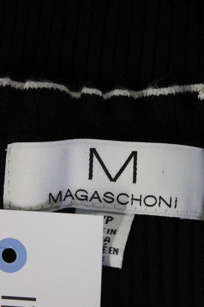 Magaschoni Women's Ribbed Knit Lettuce Hem Striped Top Black Size S