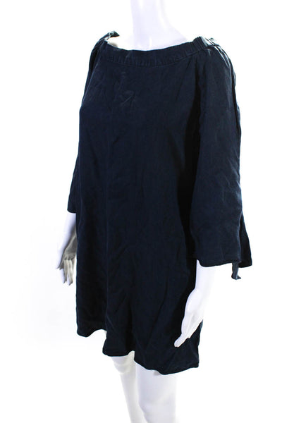 Tibi Womens Off The Shoulder Long Sleeves Dress Navy Blue Cotton Size 4