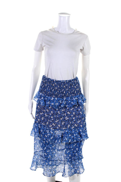 Majorelle Women's Shirred Floral Print Ruffle Trim Tiered Skirt Blue Size M