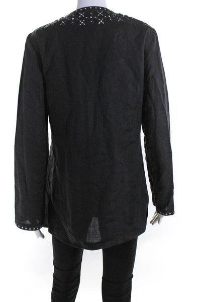 Michael Kors Womens Mirror Embellished Y Neck Top Tunic Black Linen Size 6