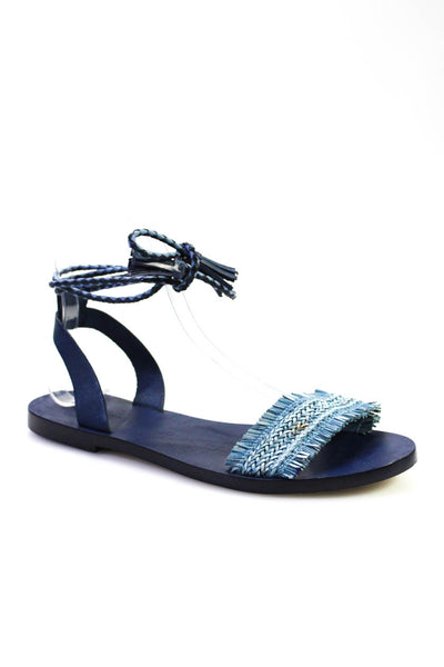 J Crew Womens Woven Fringe Strap Open Toe Lace Up Sandals Navy Blue Size 8.5