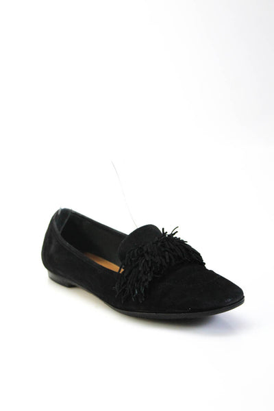 Aquazzura Firenze Womens Suede Leather Fringed Accent Flat Loafers Black Size 6