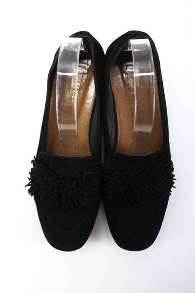 Aquazzura Firenze Womens Suede Leather Fringed Accent Flat Loafers Black Size 6