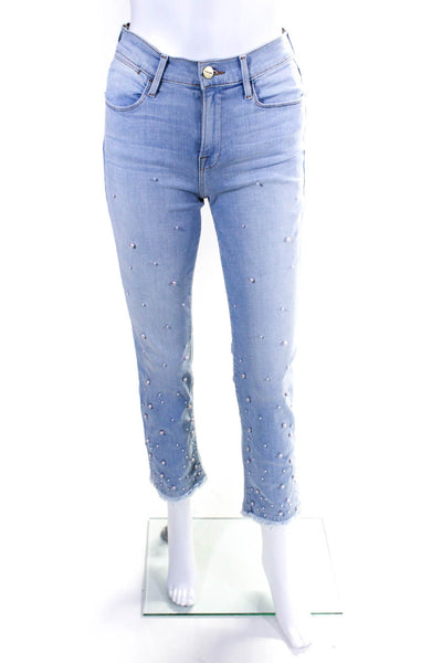 Frame Womens High Waist Faux Pearl Beaded Straight Leg Jeans Light Blue Size 26