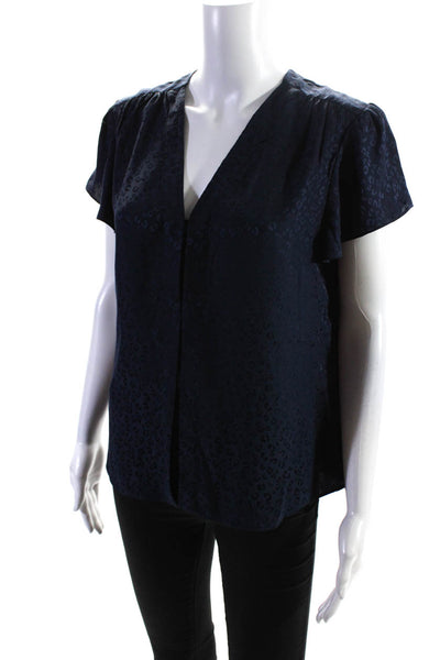 Rebecca Taylor Womens Leopard Jacquard Flutter Sleeve Top Blouse Navy Size 4