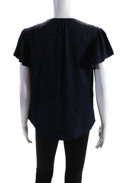 Rebecca Taylor Womens Leopard Jacquard Flutter Sleeve Top Blouse Navy Size 4