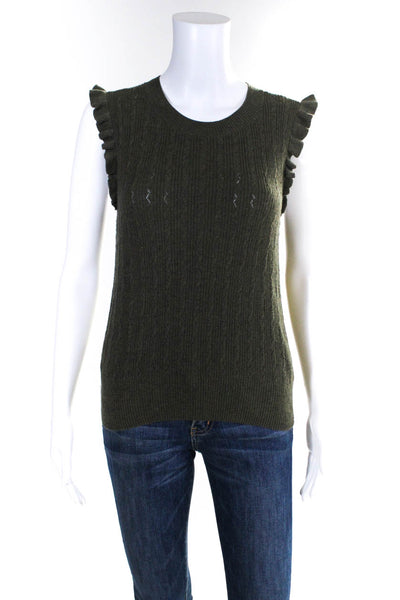 Paige Womens Sleeveless Ruffled Cable Knit Crew Neck Top Green Cotton Size Small