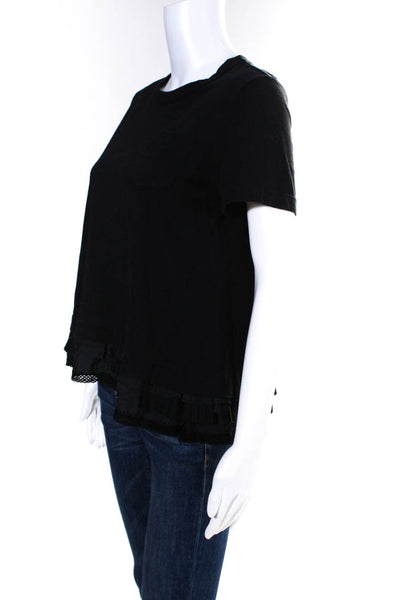 Sacai Womens Short Sleeve Pleated Trim Pocket Tee Shirt Black Cotton Size 1