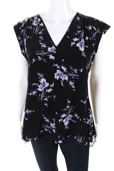 Rebecca Taylor Womens Silk Floral Back Keyhole Short Sleeve Blouse Black Size 4