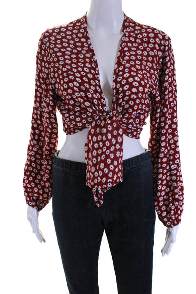 Faithfull The Brand Women's Long Sleeve Floral V Neck Wrap Top Red Size XS