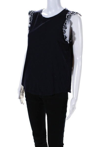 Kate Spade Womens Floral Embroidered Ruffled Sleeve Tank Top Blouse Navy Size M