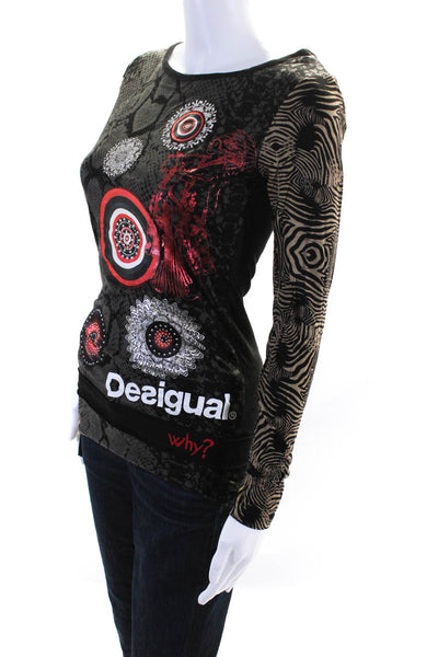 Desigual Womens Abstract Foil Long Sleeve Top Tee Shirt Red Black Size XS