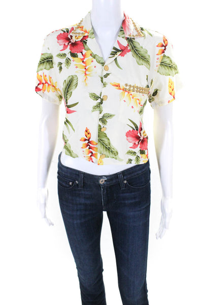 Riley Women's Short Sleeve Collared Studded Floral Cropped Blouse Green XS