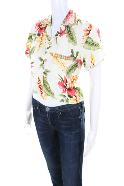 Riley Women's Short Sleeve Collared Studded Floral Cropped Blouse Green XS