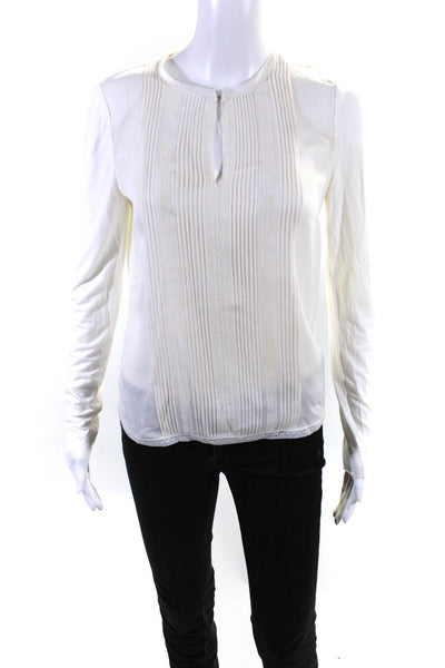 Elie Tahari Womens Silk Pleated Lace Long Sleeved Round Neck Top Cream Size XS