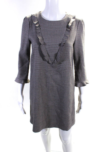 Suncoo Womens Houndstooth Ruffled 3/4 Sleeved Shift Dress Brown White Size 10