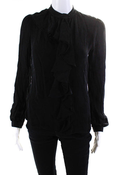BCBGMAXAZRIA Womens Long Sleeve Ruffled Crew Neck Silk Shirt Black Size XS