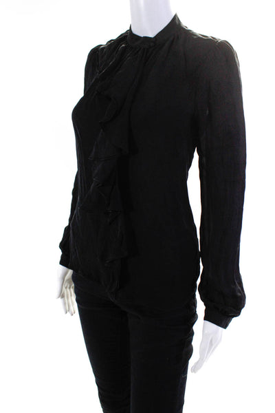 BCBGMAXAZRIA Womens Long Sleeve Ruffled Crew Neck Silk Shirt Black Size XS