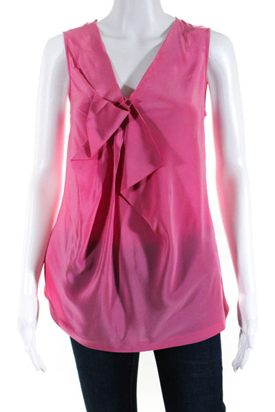 Hanii Y Womens 100% Silk V Neck Ruffle Front Sleeveless Tank Blouse Pink Size 40