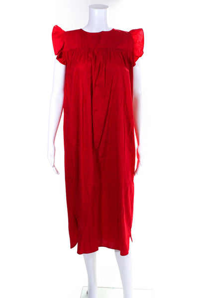 Carlota Womens Cotton Ruffled Sleeve Split Hem Midi Shift Dress Red Size S