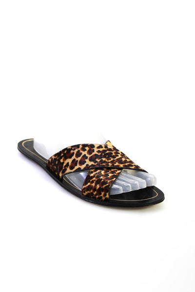 J Crew Womens Leather Leopard Print Crossed Slides Sandals Brown Black Size 8