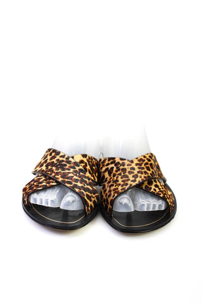 J Crew Womens Leather Leopard Print Crossed Slides Sandals Brown Black Size 8