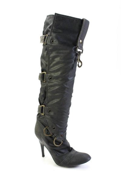Stella McCartney Womens Buckled Knee High Stiletto Heeled Boots Gray Size 8