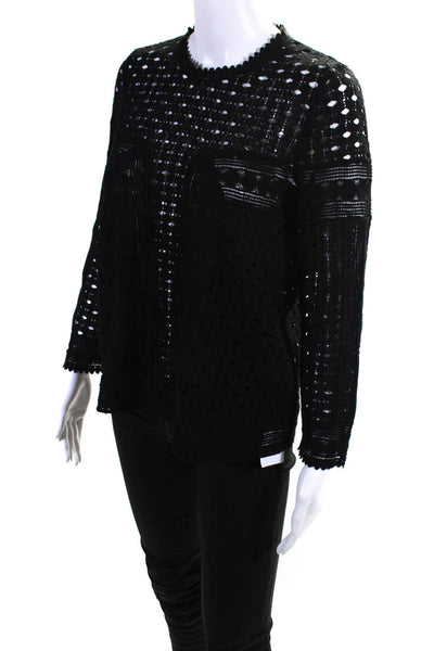 Ba&Sh Womens Black Cotton Open Knit Crew Neck Long Sleeve Blouse Top Size 4