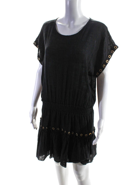 Misa Womens Cotton Ruched Studded Short Sleeve A-Line Midi Dress Black Size L