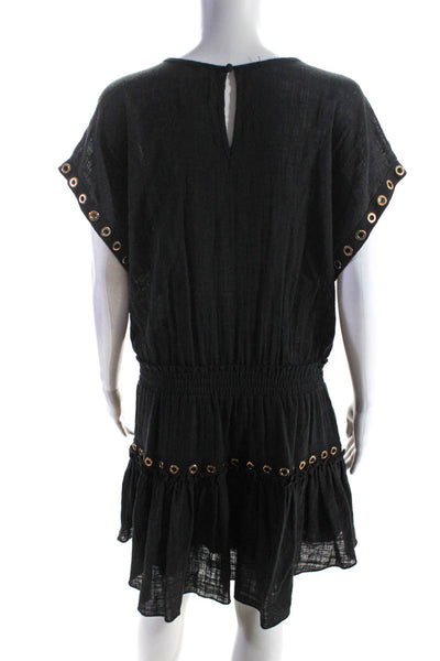 Misa Womens Cotton Ruched Studded Short Sleeve A-Line Midi Dress Black Size L