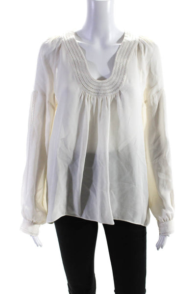 Ramy Brook Womens Textured Scoop Neck Cuff Long Sleeve Blouse Top Cream Size M