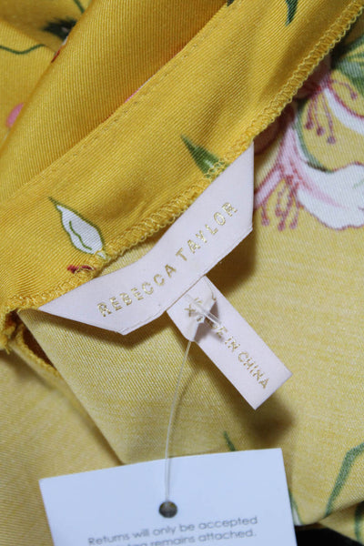 Rebecca Taylor Women's Silk V-Neck Tie Strap Floral Blouse Yellow Size XS