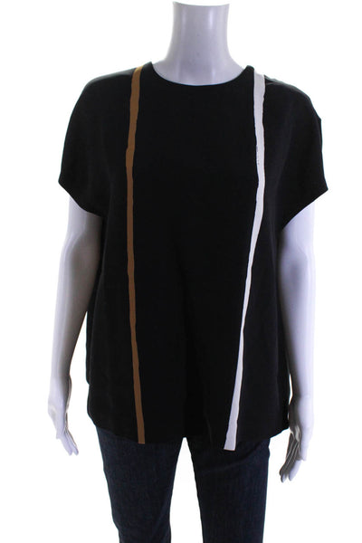 Lisa Perry Womens Black Silk Multi Striped Zip Short Sleeve Blouse Top Size 2