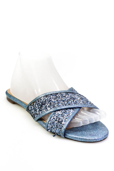 J Crew Womens Glitter Crossed Open Toe Slides Sandals Blue Silver Tone Size 8