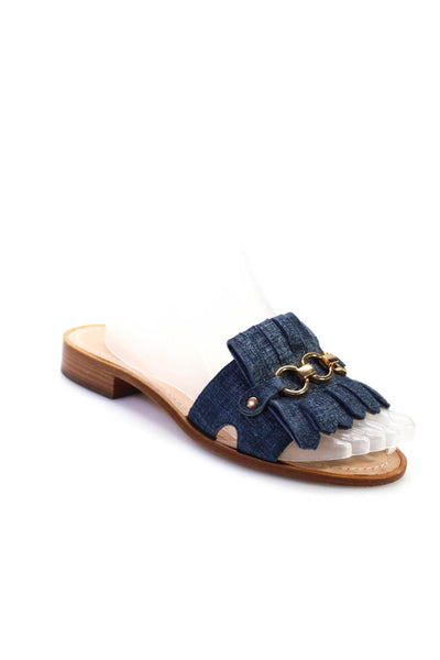 Kate Spade New York Womens Suede Gold Tone Slide Flat Sandals Navy Blue Size 7.5