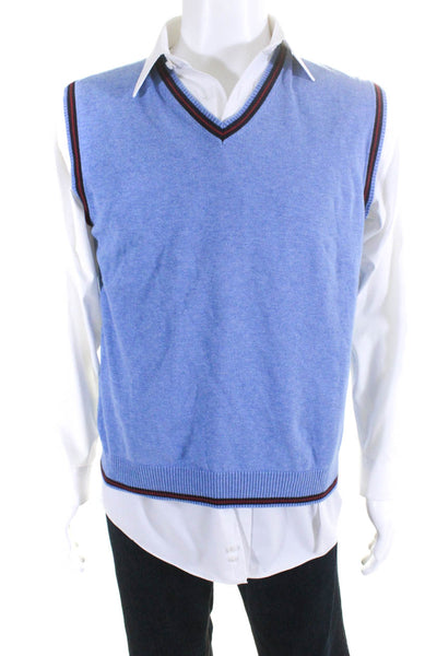 Brooks Brothers Men's Wool Cotton Blend Striped V Neck Sweater Vest Blue Size L