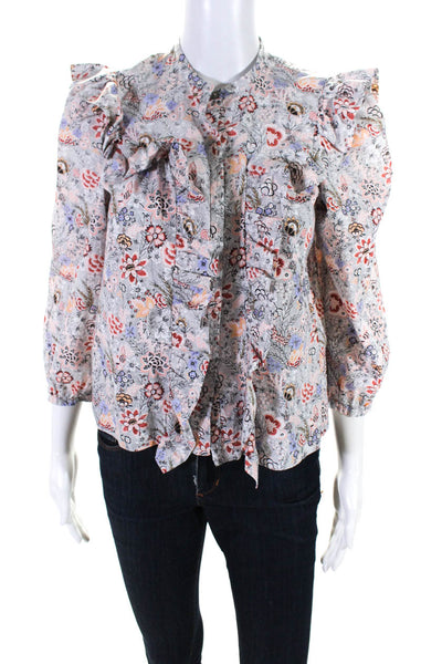 La Vie Womens 3/4 Sleeve Floral Ruffle Button Up Top Blouse Black White Pink XS