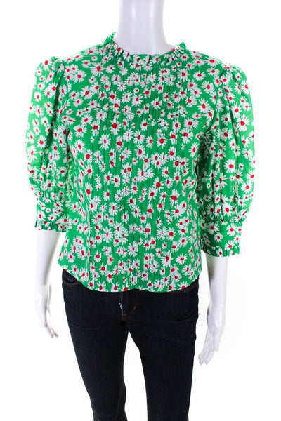 Rixo Womens Pintuck Floral Frill Neck 3/4 Sleeve Top Blouse Green White Size XS