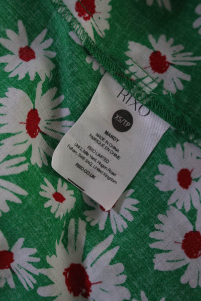 Rixo Womens Pintuck Floral Frill Neck 3/4 Sleeve Top Blouse Green White Size XS