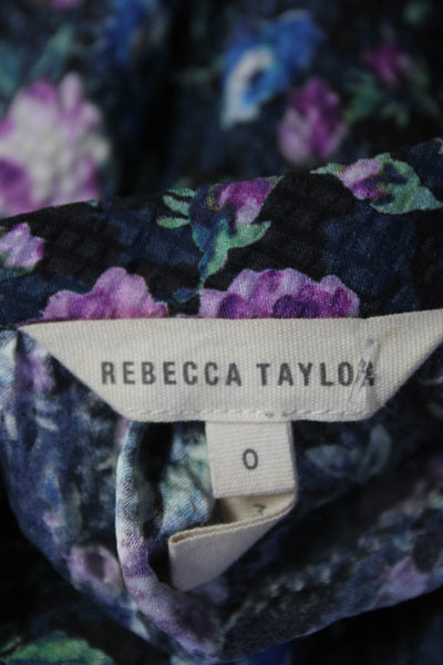Rebecca Taylor Womens Silk Floral Print Short Sleeve Blouse Navy Blue Size 0