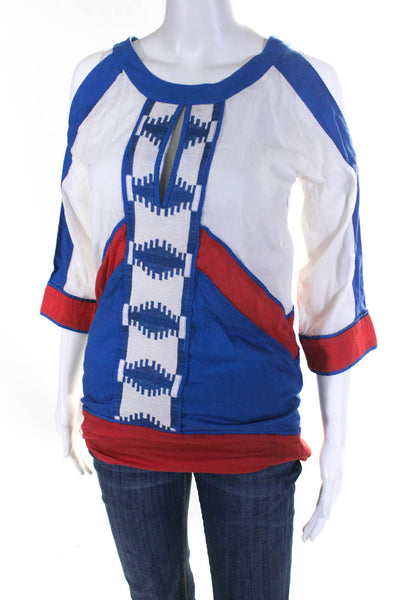 Roberta Freymann Womens Cold Shoulder 3/4 Sleeve Tunic Blue White Red Size XS