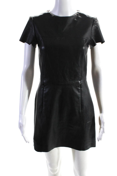 Veda Womens Leather Short Sleeve Back Zip Mini A-Line Dress Black Size PP