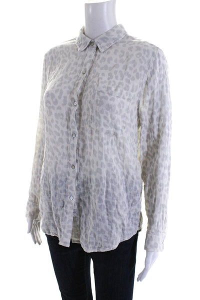 Rails Womens Leopard Print Long Sleeved Collared Pajama Top White Gray Size S