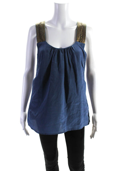 Akiko Womens Studded Strap Scoop Neck Draped Top Blue Size Large