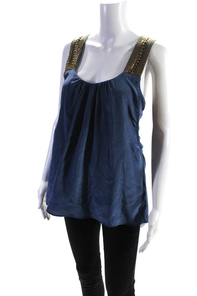 Akiko Womens Studded Strap Scoop Neck Draped Top Blue Size Large